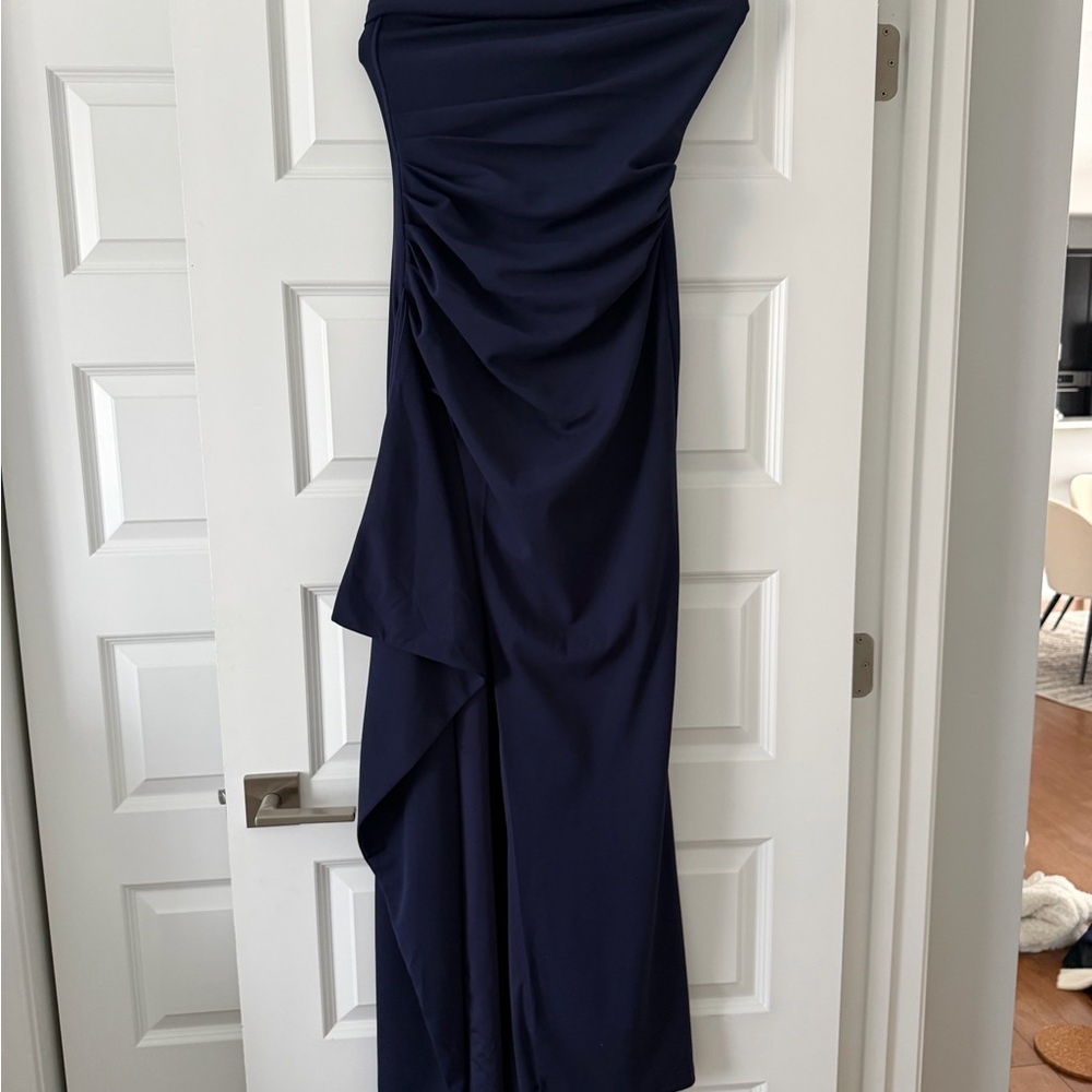 Strapless Navy Ruched Evening Maxi Dress